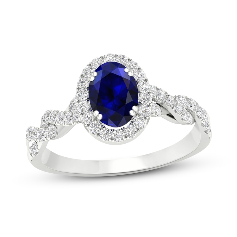 Blue Sapphire & Diamond Engagement Ring 1/3 ct tw Oval & Round-cut 10K White Gold