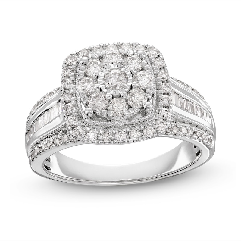 Diamond Engagement Ring 1 ct tw Round & Baguette 10K White Gold