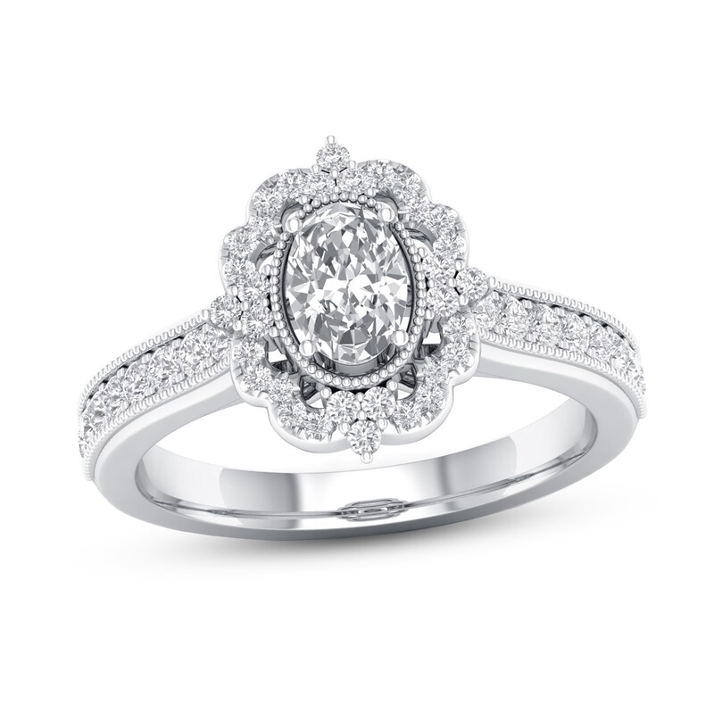 Diamond Engagement Ring 7/8 ct tw Oval & Round-cut 14K White Gold