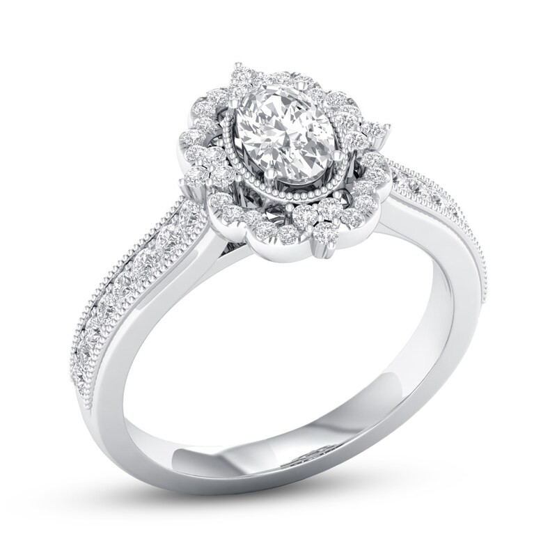 Diamond Engagement Ring 7/8 ct tw Oval & Round-cut 14K White Gold