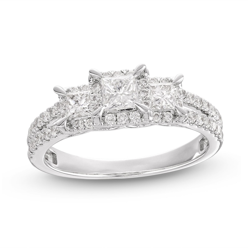 Main Image 1 of Memories Moments Magic Three-Stone Diamond Engagement Ring 1 ct tw Princess/Round 14K White Gold