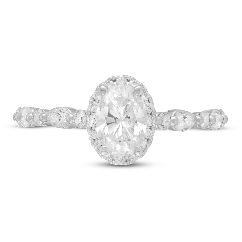1-1/6 Ct. T.W. Certified Pear-Shaped Diamond Frame Past Present Future Engagement Ring in 14K White Gold (I/I2)