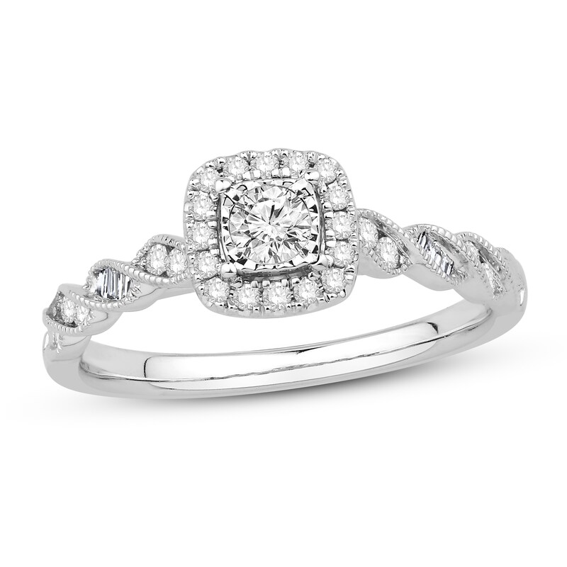 Diamond Engagement Ring 3/8 ct tw Round & Baguette 14K White Gold