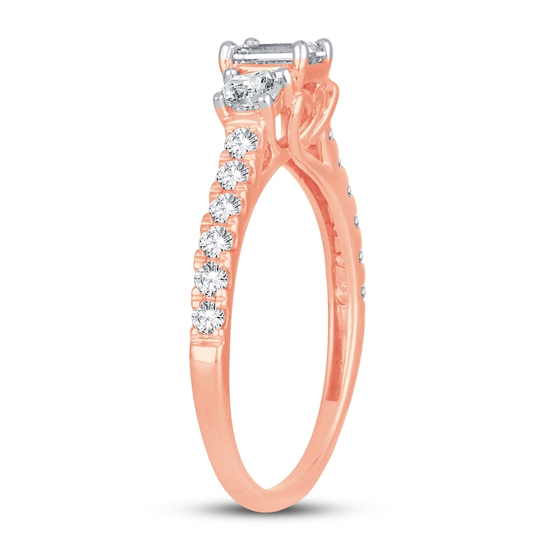 Main Image 2 of Memories Moments Magic 3-Stone Diamond Engagement Ring 1 ct tw Emerald & Round 14K Rose Gold