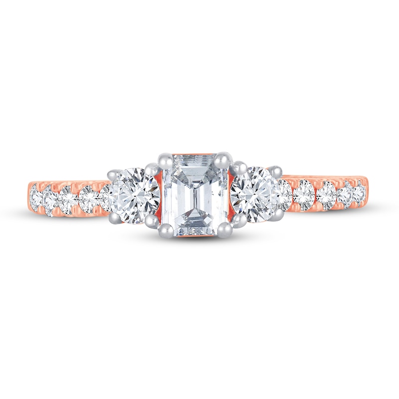 Main Image 3 of Memories Moments Magic 3-Stone Diamond Engagement Ring 1 ct tw Emerald & Round 14K Rose Gold