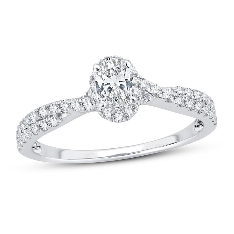 Diamond Engagement Ring 3/4 ct tw Oval & Round  14K White Gold