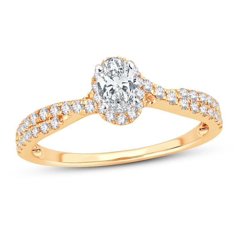 Diamond Engagement Ring 3/4 ct tw Oval & Round  14K Yellow Gold