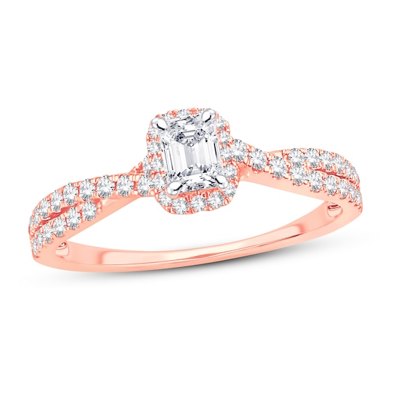 Now + Forever Diamond Engagement Ring 3/4 ct tw Emerald & Round 14K Rose Gold