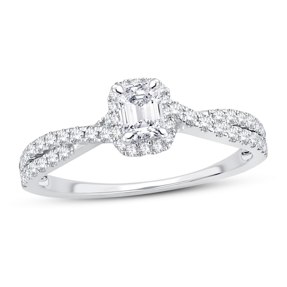 Now + Forever Diamond Engagement Ring 3/4 ct tw Emerald & Round 14K White Gold