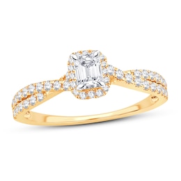 Now + Forever Diamond Engagement Ring 3/4 ct tw Emerald & Round 14K Yellow Gold