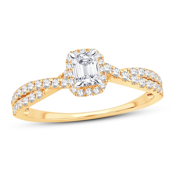 Now + Forever Diamond Engagement Ring 3/4 ct tw Emerald & Round 14K Yellow Gold