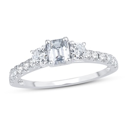 Memories Moments Magic 3-Stone Diamond Engagement Ring 1 ct tw Emerald & Round 14K White Gold