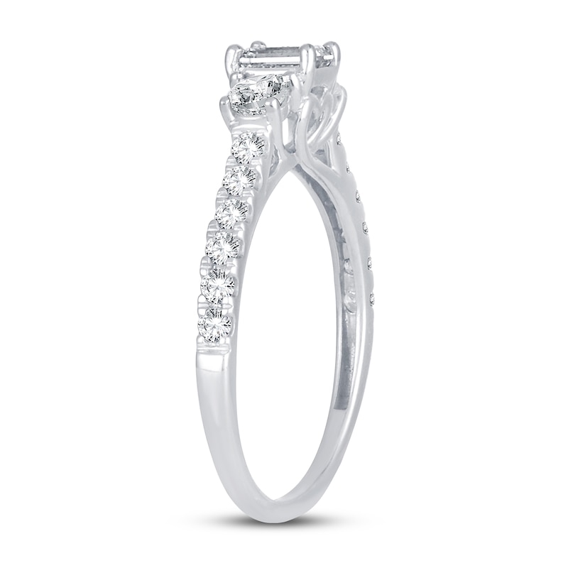 Main Image 2 of Memories Moments Magic 3-Stone Diamond Engagement Ring 1 ct tw Emerald & Round 14K White Gold