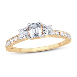 Memories Moments Magic 3-Stone Diamond Engagement Ring 1 ct tw Emerald & Round 14K Yellow Gold