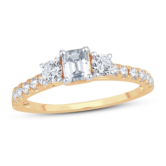 Memories Moments Magic 3-Stone Diamond Engagement Ring 1 ct tw Emerald & Round 14K Yellow Gold