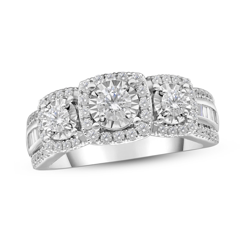 Three Stone Diamond Engagement Ring 1 ct tw Round/Baguette 10K White Gold