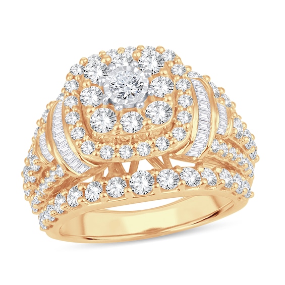 Diamond Engagement Ring 3 ct tw Round & Baguette 14K Yellow Gold