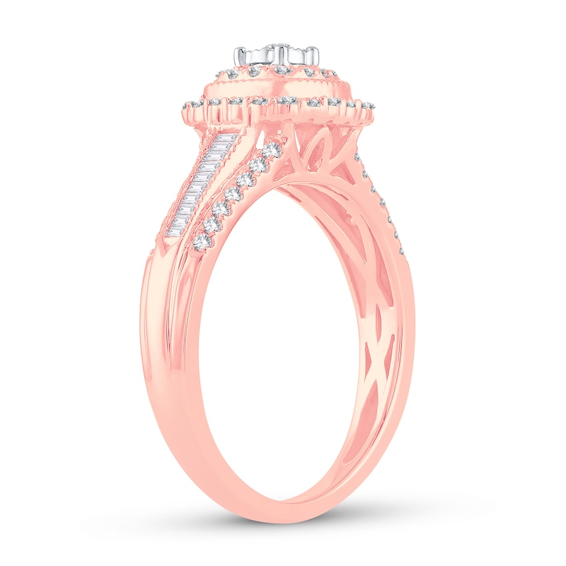 Diamond Engagement Ring 1/2 ct tw Round & Baguette 10K Rose Gold