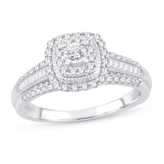 Now + Forever Diamond Engagement Ring 1/2 ct tw Round & Baguette 10K White Gold