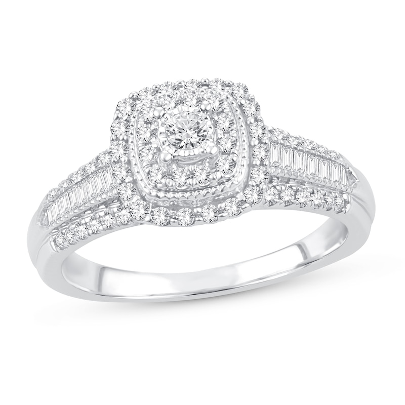 Diamond Engagement Ring 1/2 ct tw Round & Baguette 10K White Gold