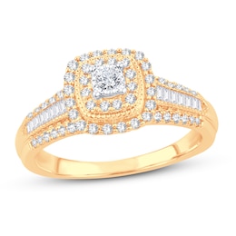 Now + Forever Diamond Engagement Ring 1/2 ct tw Round & Baguette 10K Yellow Gold