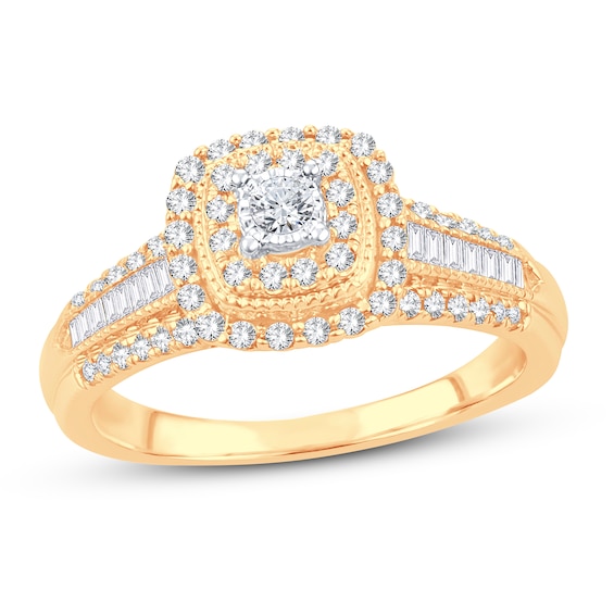 Now + Forever Diamond Engagement Ring 1/2 ct tw Round & Baguette 10K Yellow Gold