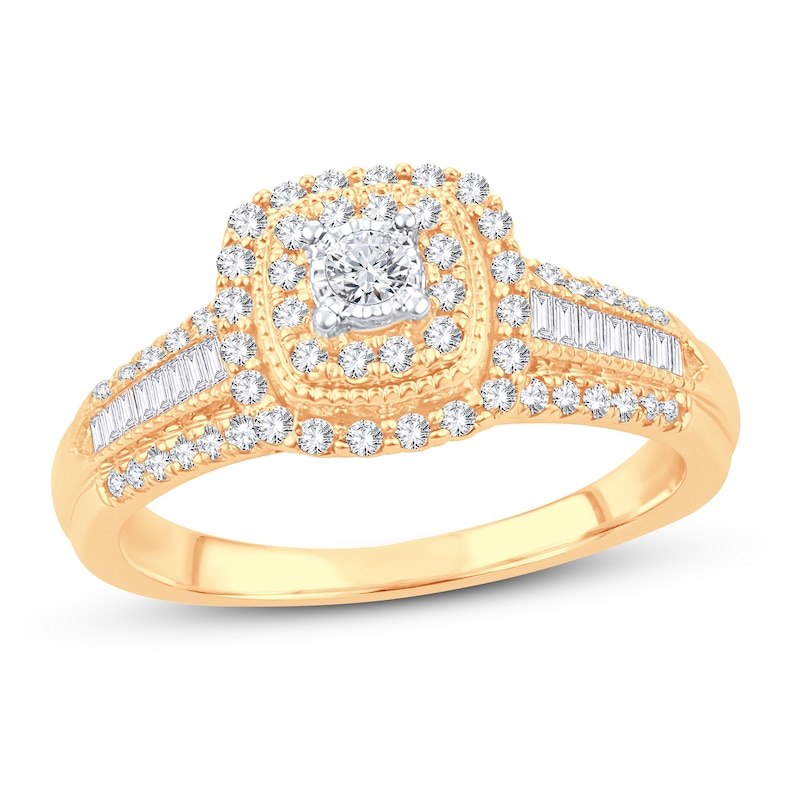 Diamond Engagement Ring 1/2 ct tw Round & Baguette 10K Yellow Gold