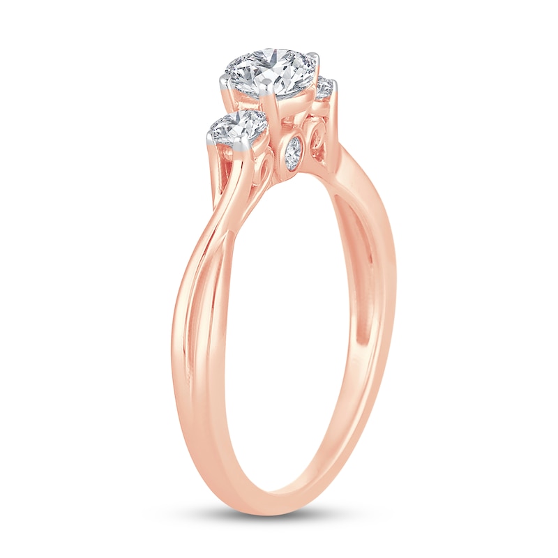 Main Image 2 of Memories Moments Magic 3-Stone Diamond Engagement Ring 3/4 ct tw Round-cut 14K Rose Gold