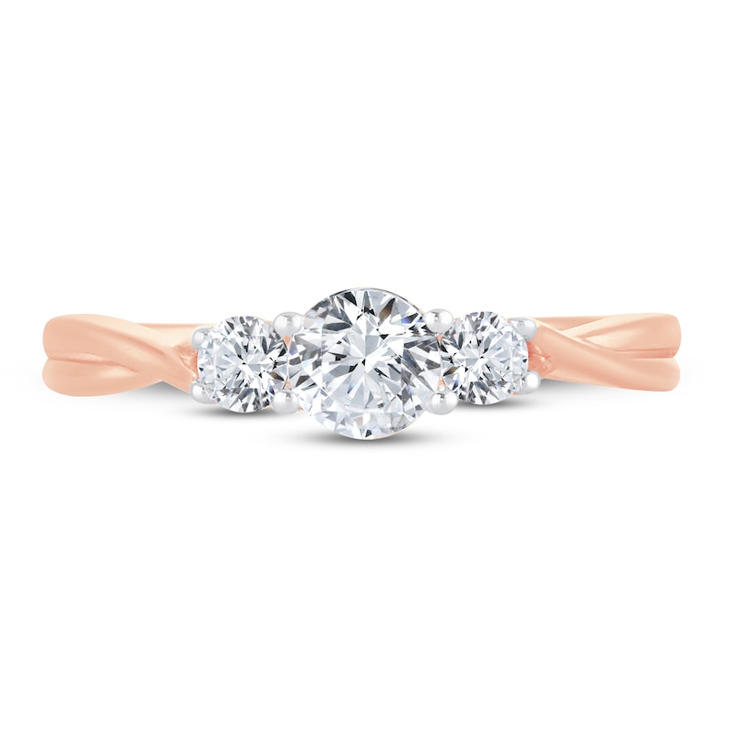 Main Image 3 of Memories Moments Magic 3-Stone Diamond Engagement Ring 3/4 ct tw Round-cut 14K Rose Gold