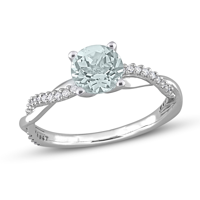 Round Aquamarine Engagement Ring 1/6 ct tw Diamonds 14K White Gold