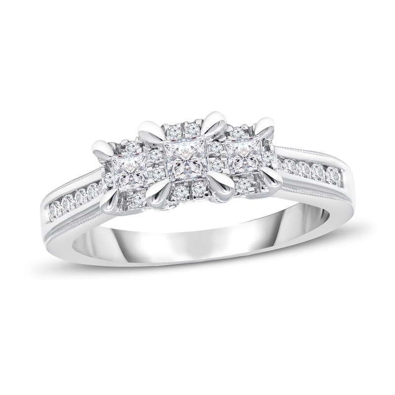 Three Stone Diamond Engagement Ring 1/2 ct tw Princess & Round 10K White Gold