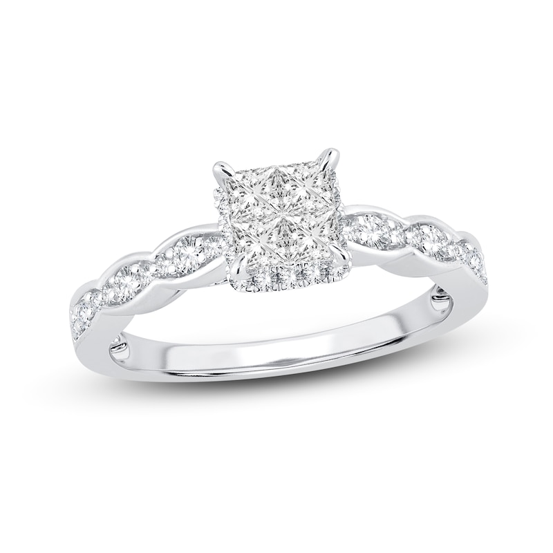 Multi-Diamond Engagement Ring 5/8 ct tw Princess & Round 14K White Gold