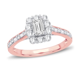 Now + Forever Diamond Engagement Ring 3/4 ct tw Emerald, Round & Baguette 14K Rose Gold