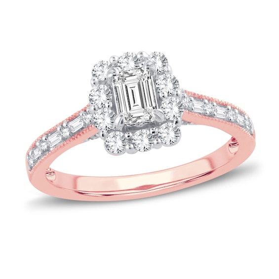 Now + Forever Diamond Engagement Ring 3/4 ct tw Emerald, Round & Baguette 14K Rose Gold