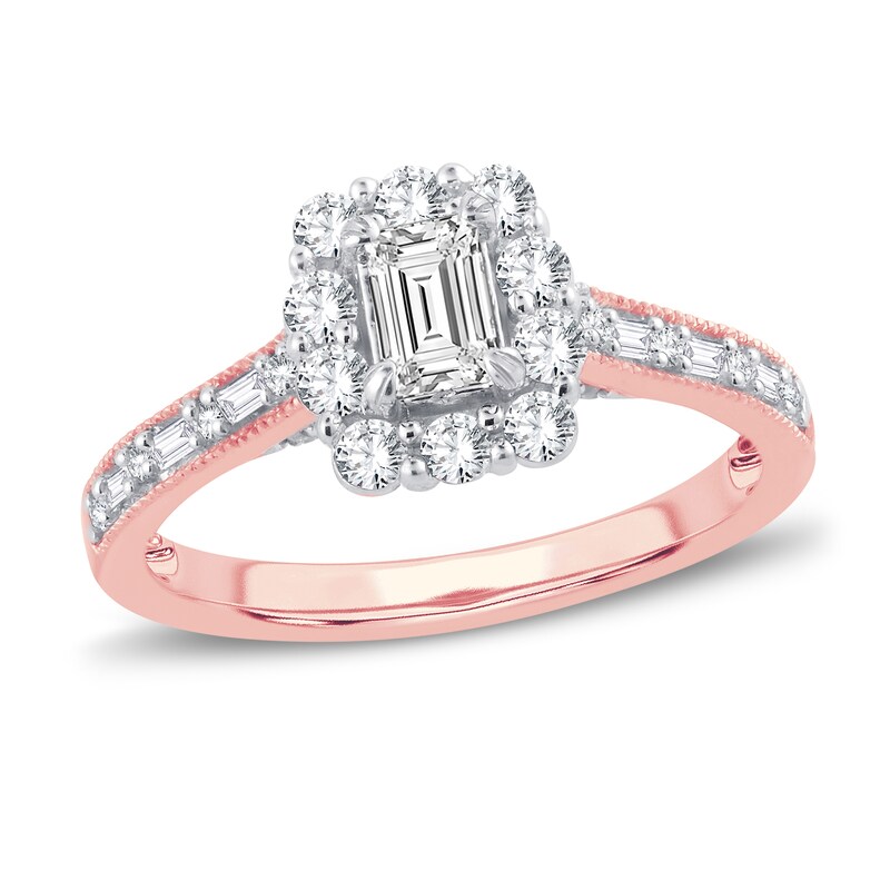 Main Image 1 of Now + Forever Diamond Engagement Ring 3/4 ct tw Emerald, Round & Baguette 14K Rose Gold