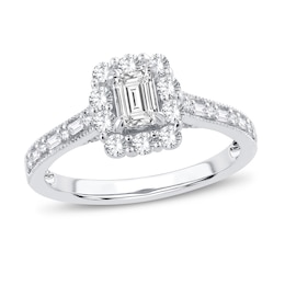 Now + Forever Diamond Engagement Ring 3/4 ct tw Emerald, Round, Baguette 14K White Gold