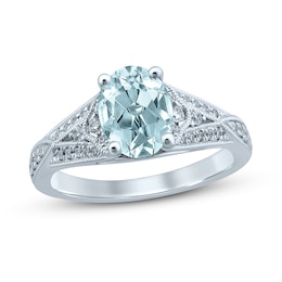 Now + Forever Oval Aquamarine Engagement Ring 1/4 ct tw Diamonds 14K White Gold