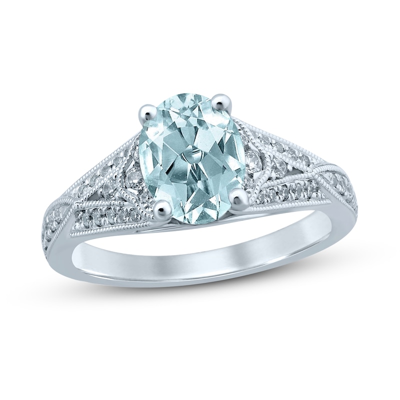 Oval Aquamarine Engagement Ring 1/4 ct tw Diamonds 14K White Gold