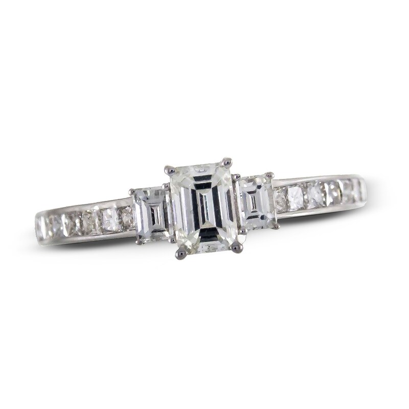 Main Image 1 of Three-Stone Diamond Engagement Ring 7/8 ct tw Emerald, Baguette, Round & Princess 14K White Gold
