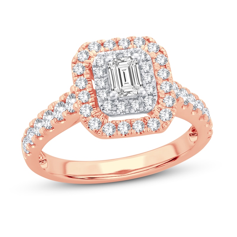 Diamond Engagement Ring 1 ct tw Emerald & Round 14K Rose Gold