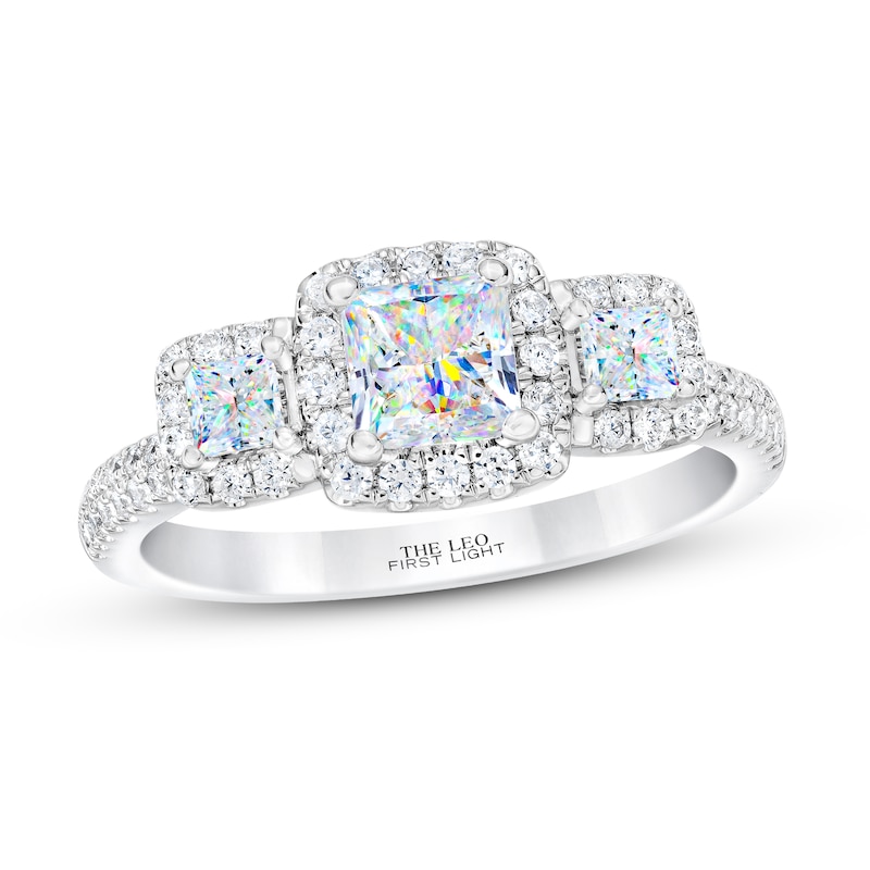 THE LEO First Light 3-Stone Diamond Engagement Ring 1-1/6 ct tw Princess/Round 14K White Gold