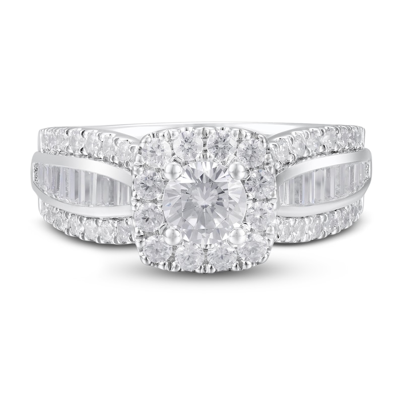 Diamond Engagement Ring 1-1/3 ct tw Round & Baguette 14K White Gold