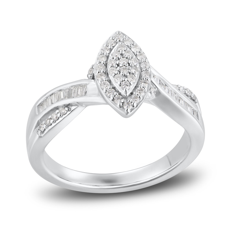 Diamond Engagement Ring 1/3 ct tw Round & Baguette 10K White Gold