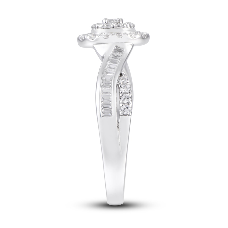 Diamond Engagement Ring 1/2 ct tw Round & Baguette 10K White Gold