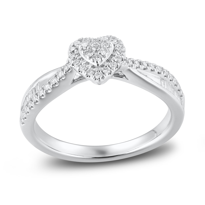 Diamond Engagement Ring 1/3 ct tw Round & Baguette 10K White Gold