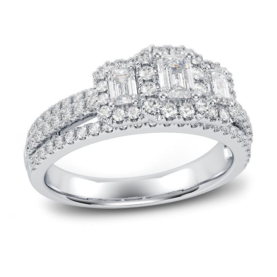 Now + Forever Three-Stone Diamond Engagement Ring 1 ct tw Emerald & Round 14K White Gold