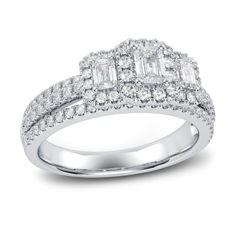 Main Image 1 of Now + Forever Three-Stone Diamond Engagement Ring 1 ct tw Emerald & Round 14K White Gold