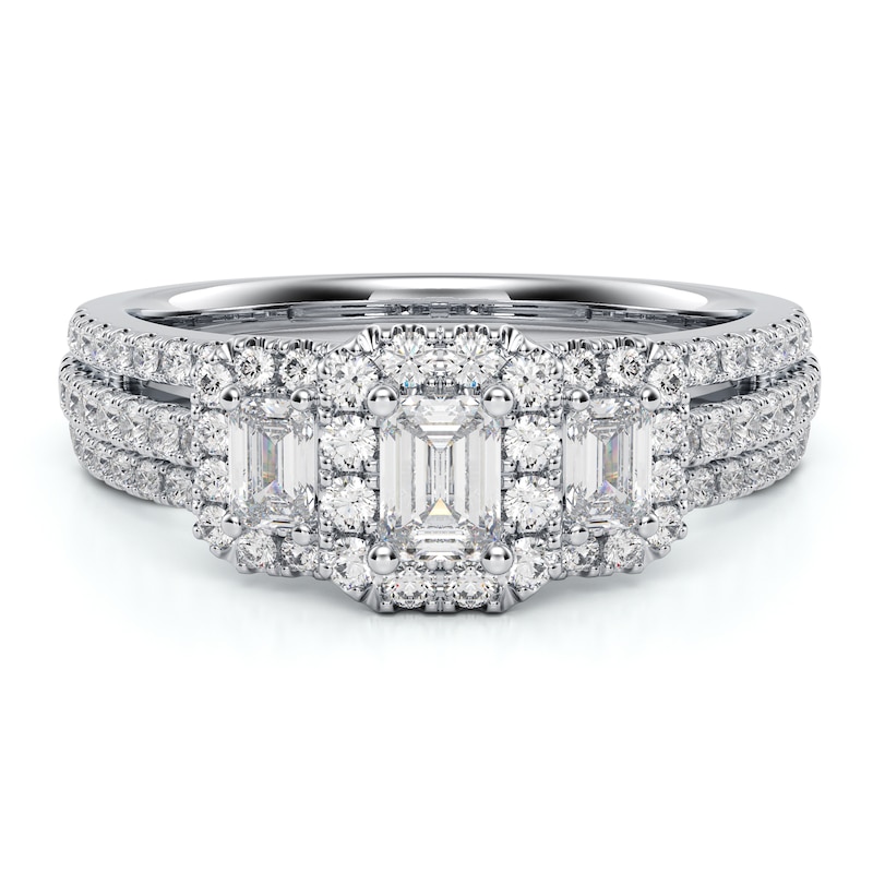 Main Image 3 of Now + Forever Three-Stone Diamond Engagement Ring 1 ct tw Emerald & Round 14K White Gold