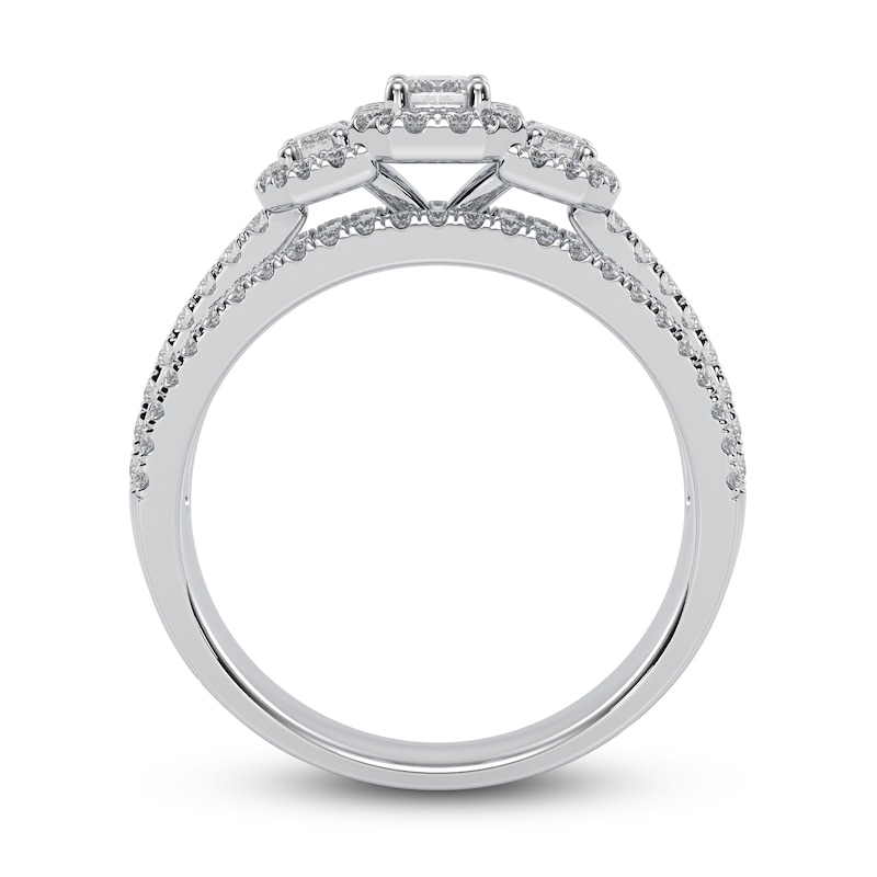 Main Image 4 of Now + Forever Three-Stone Diamond Engagement Ring 1 ct tw Emerald & Round 14K White Gold