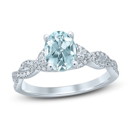 Now + Forever Oval Aquamarine Engagement Ring 1/4 ct tw Diamonds 14K White Gold